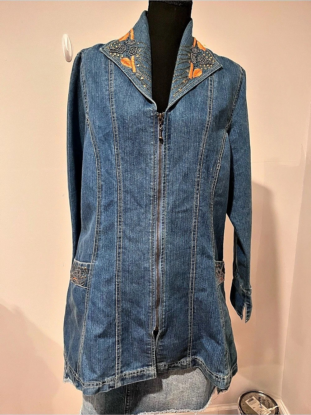 Embroidered Denim Zip-Up Jacket